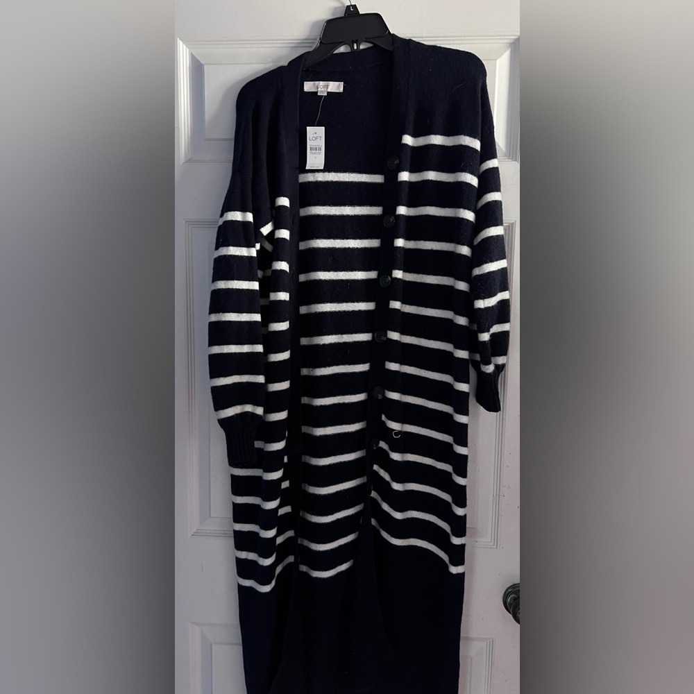 LOFT Navy and White Striped Cardigan